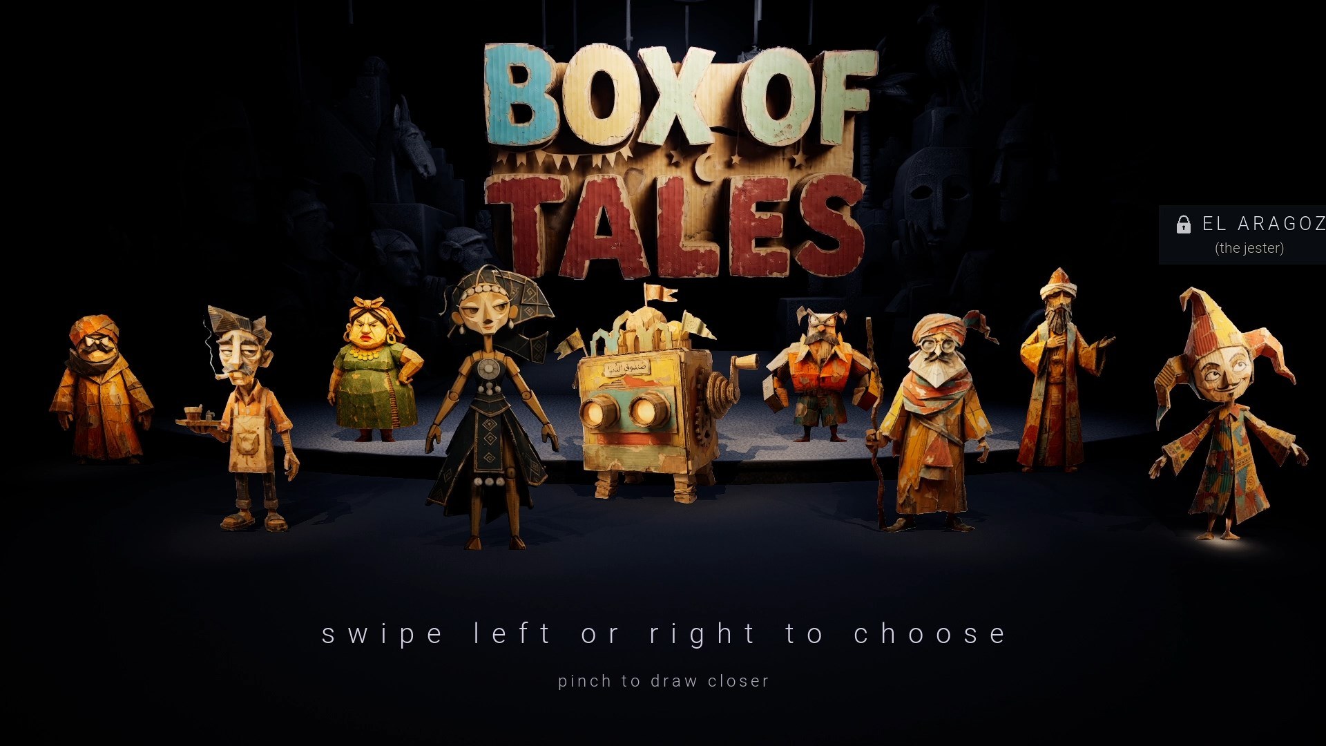 All eight Box of Tales characters on stage together, with El Ghaziya the dancer at centre and the Sanduq El-Dunya sign above them