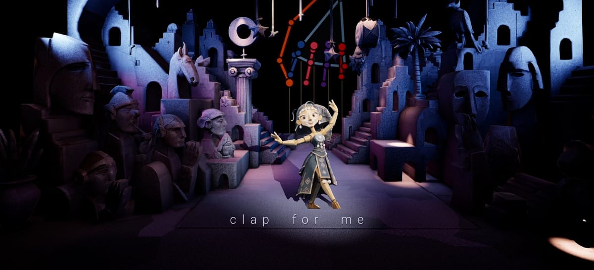 The CLAP FOR ME character mid-dance, arms raised in the ruins scene