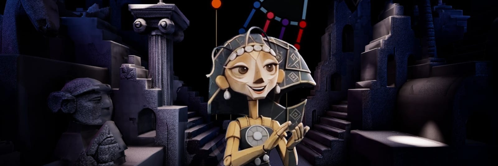 The CLAP FOR ME puppet character standing among ancient stone ruins, clapping